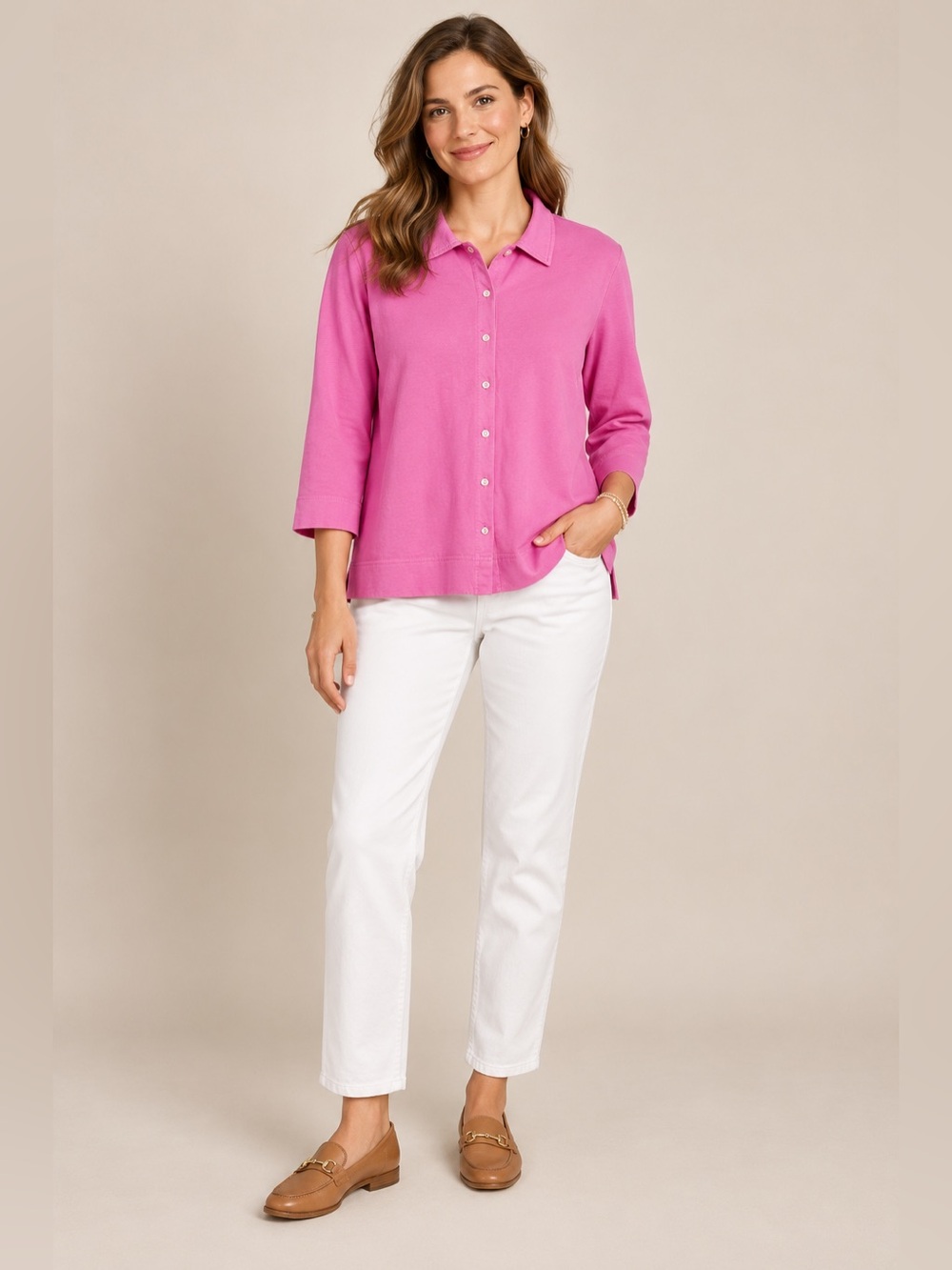 Fresh Produce Women’s M Pink Cotton Button Front Collared Top 3/4 Sleeve